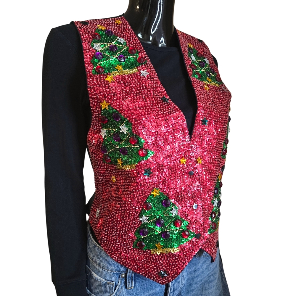 Vintage 90s JC Christmas Tree Sequin and Jewel Vest | Size Small - Picture 6 of 17